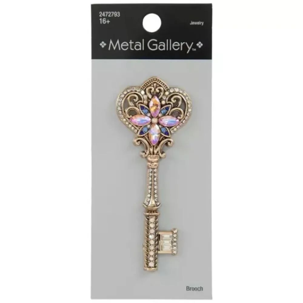 New Metal Gallery Ornate Rhinestone Key Brooch